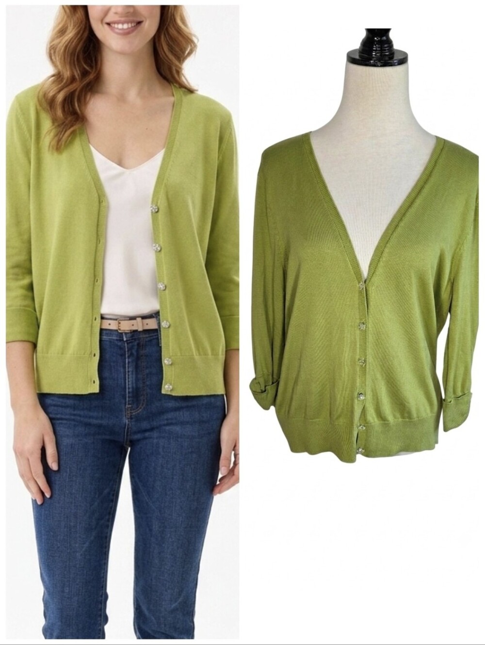 New York & Co Silk Green V-Neck Button Down Cardigan Sweater Women's Size XL